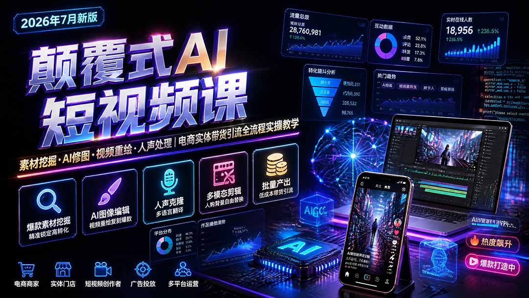 颠覆式AI短视频课-更新|素材挖掘,AI修图,视频重绘,人声处理|电商实体带货引流全流程实操教学-资源V站