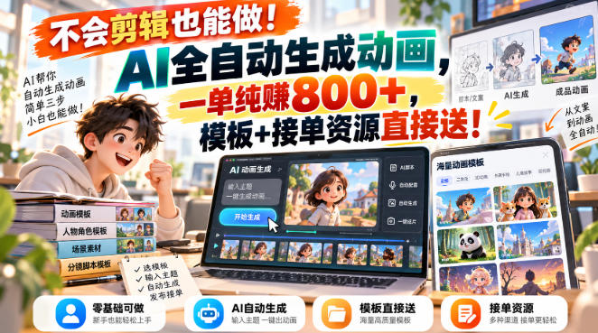 不会剪辑也能做!AI全自动生成动画,一单纯賺800+,模板+接单资源直接送!【揭秘】-资源V站