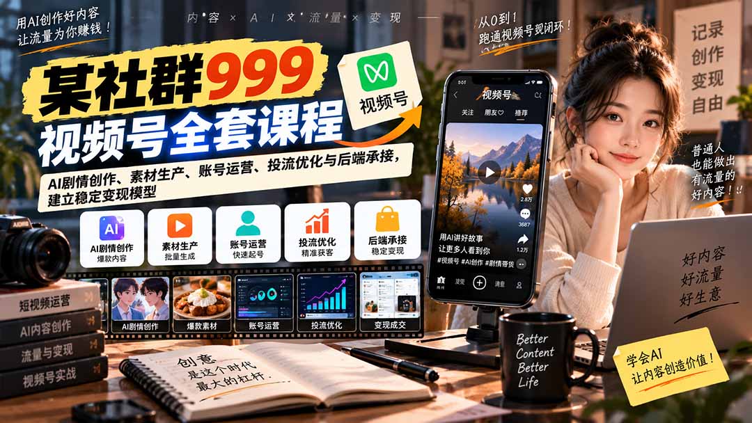 【无水印】某社群999视频号全套课程:AI剧情创作、素材生产、账号运营、投流优化与后端承接,建立稳定变现模型-资源V站