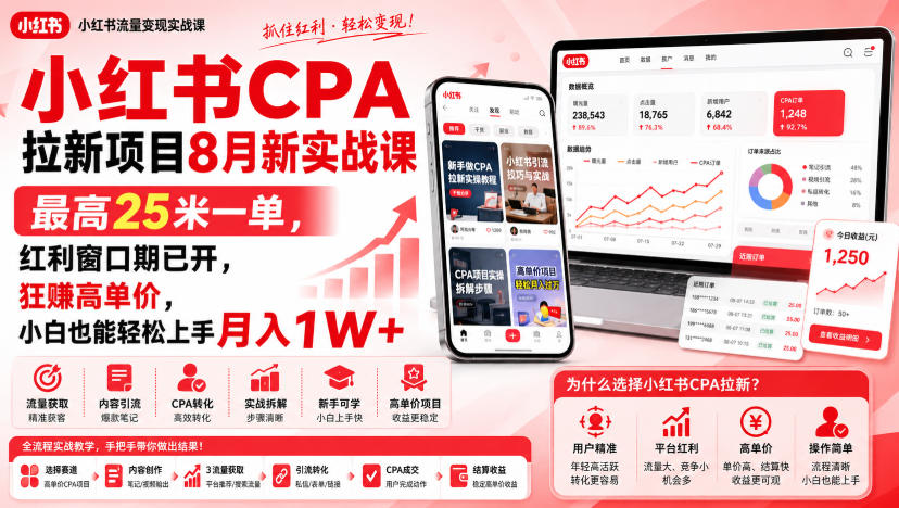 小红书CPA拉新项目8月新实战课，最高25米一单，红利窗口期已开，狂賺高单价，小白也能轻松上手月入1W+(更新0923)-资源V站