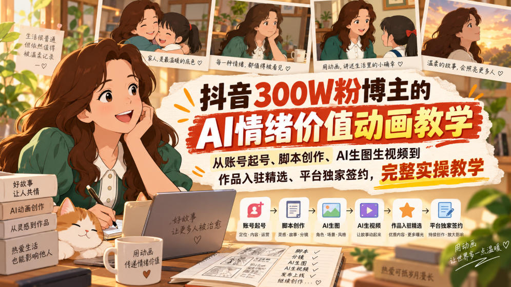 抖音300W粉博主的AI情绪价值动画教学,从账号起号、脚本创作、AI生图生视频到作品入驻精选、平台独家签约,完整实操-资源V站