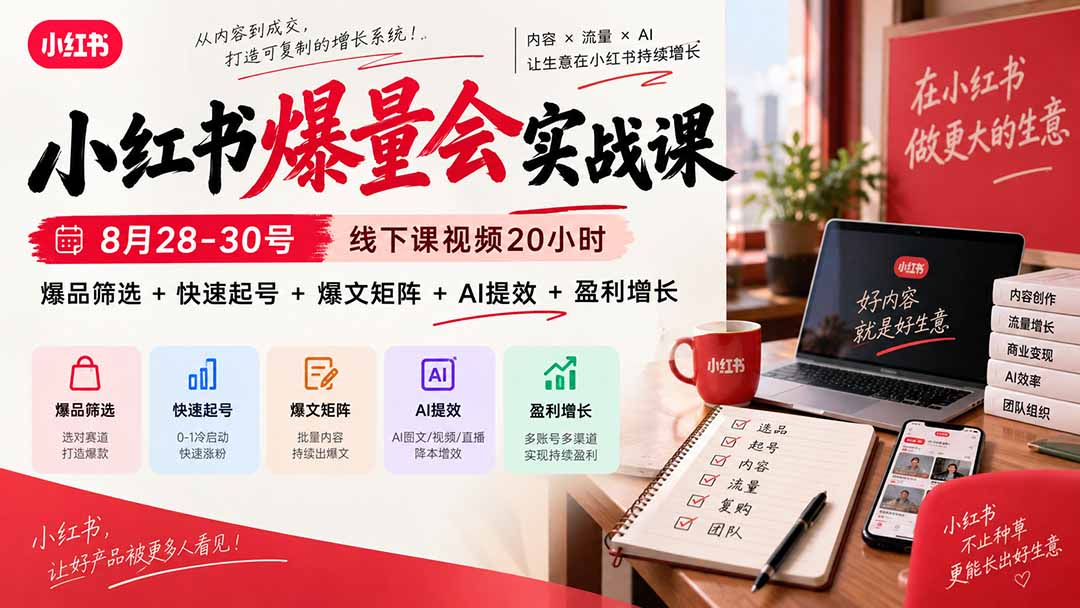 小红书爆量会实战课-更新9月23:线下课视频20小时,爆品筛选+快速起号+爆文矩阵+AI提效+盈利增长-资源V站