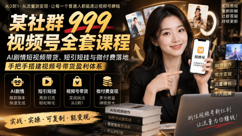 某社群999视频号全套课程,AI剧情短视频带货、短引短挂与微付费落地,手把手搭建视频号带货盈利体系-资源V站