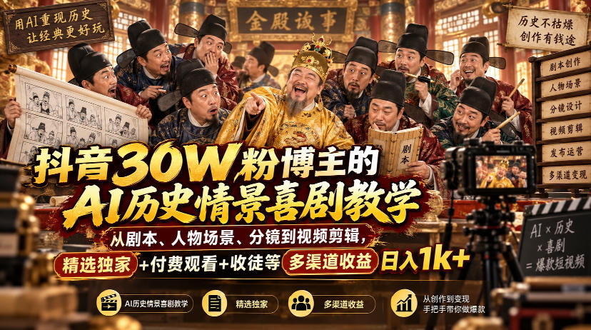 抖音30W粉博主的AI历史情景喜剧教学,从剧本、人物场景、分镜到视频剪辑,精选独家+付费观看+收徒等多渠道收益日入1k+-资源V站