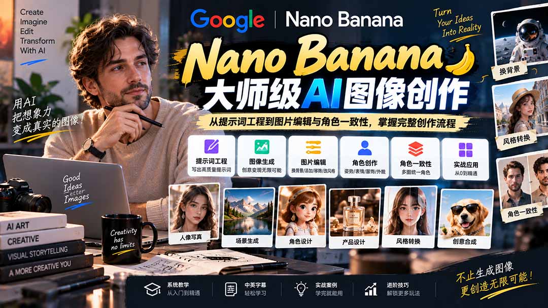 【无水印】Nano Banana大师级AI图像实战课:从提示词工程到图片编辑与角色一致性,掌握完整创作流程-资源V站