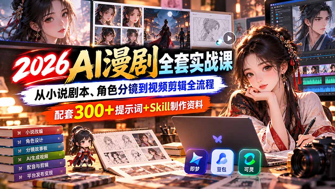 【无水印】2026AI漫剧全套实战课:从小说剧本、角色分镜到视频剪辑全流程,配套300+提示词+Skill制作资料-资源V站