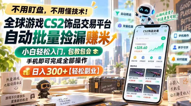 全球游戏CS2饰品交易平台自动批量捡漏賺米,小白轻松入门,包教包会,手机即可完成全部操作,日入300+【揭秘】-资源V站