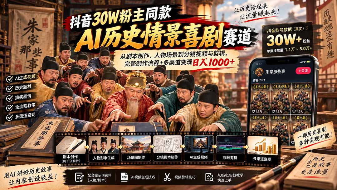 抖音30W粉博主同款AI历史情景喜剧赛道:从剧本创作、人物场景到分镜视频与剪辑,完整制作流程+多渠道变现日入1000+-资源V站