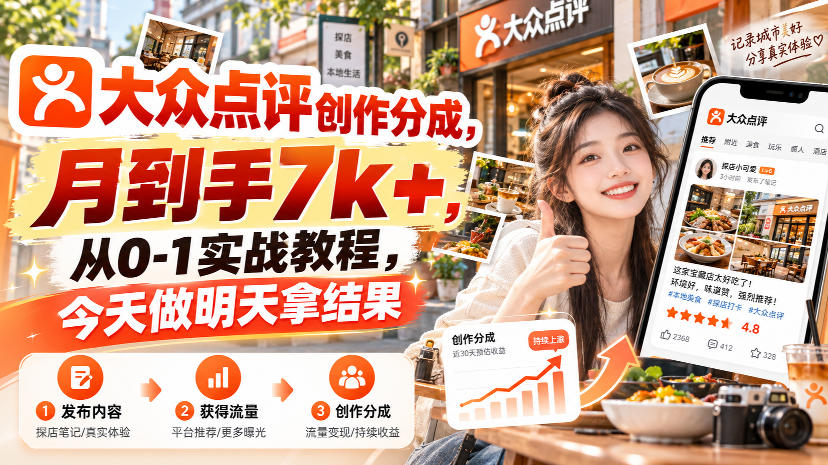 大众点评创作分成，月到手7k+，从0-1实战教程，今天做明天拿结果-资源V站
