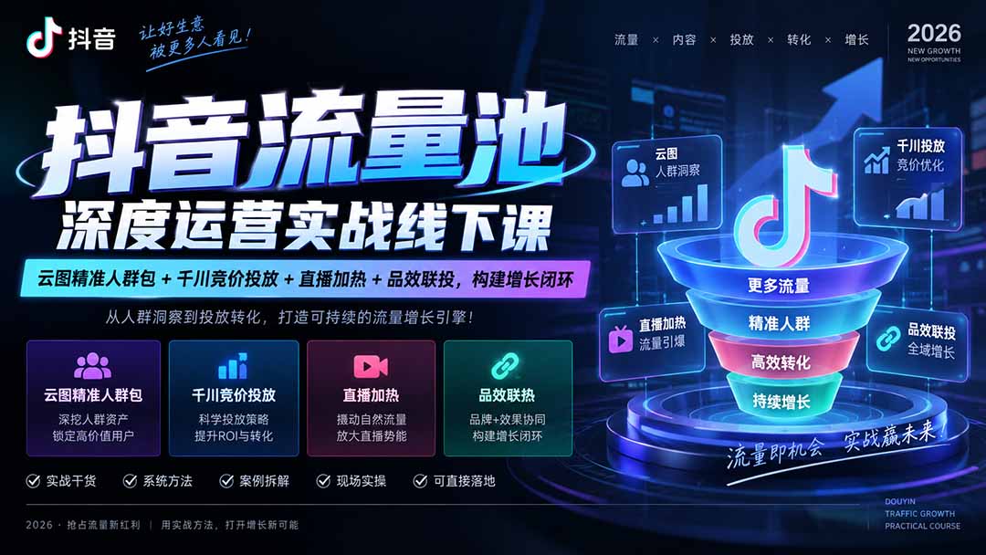 抖音流量池深度运营实战线下课|云图精准人群包+千川竞价投放+直播加热+品效联投,构建增长闭环-资源V站
