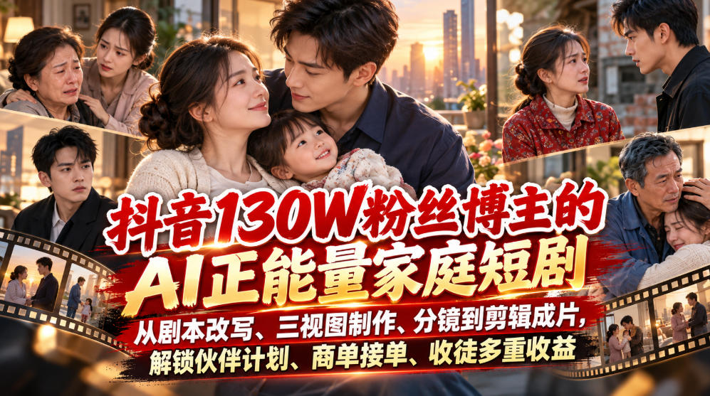 抖音130W粉丝博主的AI正能量家庭短剧,从剧本改写、三视图制作、分镜到剪辑成片,解锁伙伴计划、商单接单、收徒多重收益-资源V站