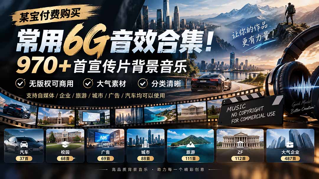 某宝付费购买,常用6G音效合集!970+首宣传片背景音乐,无版权可商用大气素材,分类清晰-资源V站