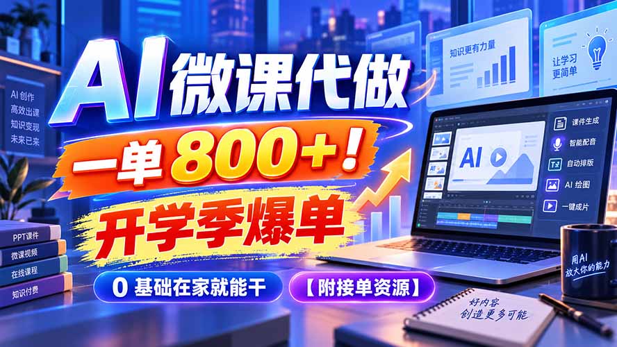 AI 微课代做,一单 800+!开学季爆单,0 基础在家就能干【附接单资源】-资源V站
