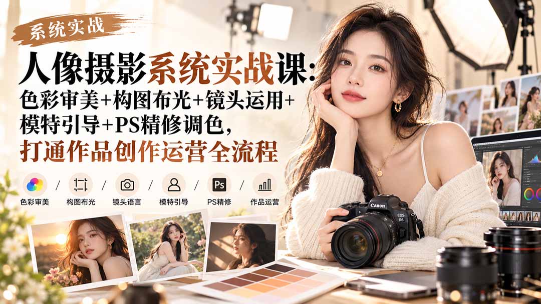 【无水印】人像摄影系统实战课:色彩审美+构图布光+镜头运用+模特引导+PS精修调色,打通作品创作运营全流程-资源V站