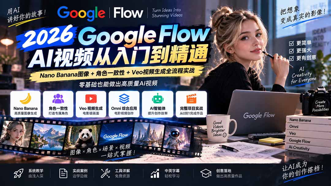 【无水印】Google Flow AI视频从入门到精通:Nano Banana图像+角色一致性+Veo视频生成全流程实战-精翻中英字幕-资源V站
