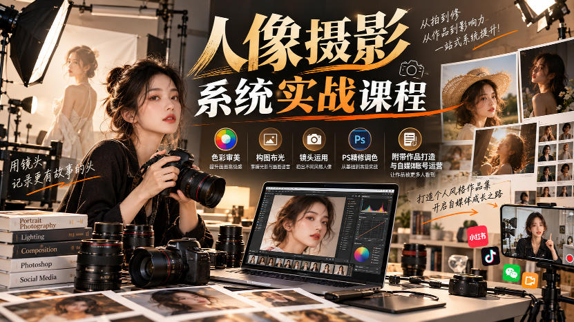 【无水印】人像摄影系统实战课程,色彩审美、构图布光、镜头运用、PS精修调色,附带作品打造与自媒体账号运营-资源V站