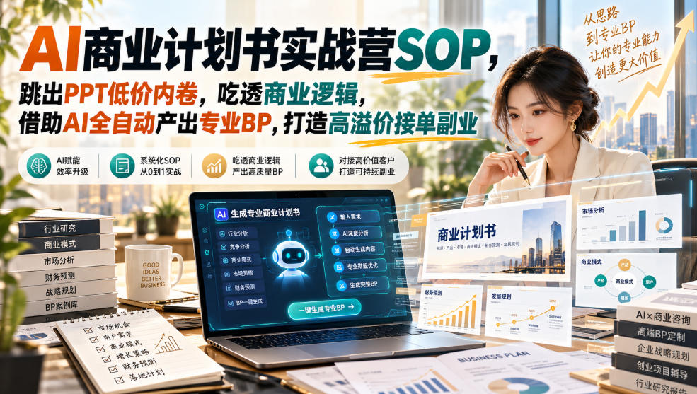 AI商业计划书实战营SOP,跳出PPT低价内卷,吃透商业逻辑,借助AI全自动产出专业BP,打造高溢价接单副业-资源V站