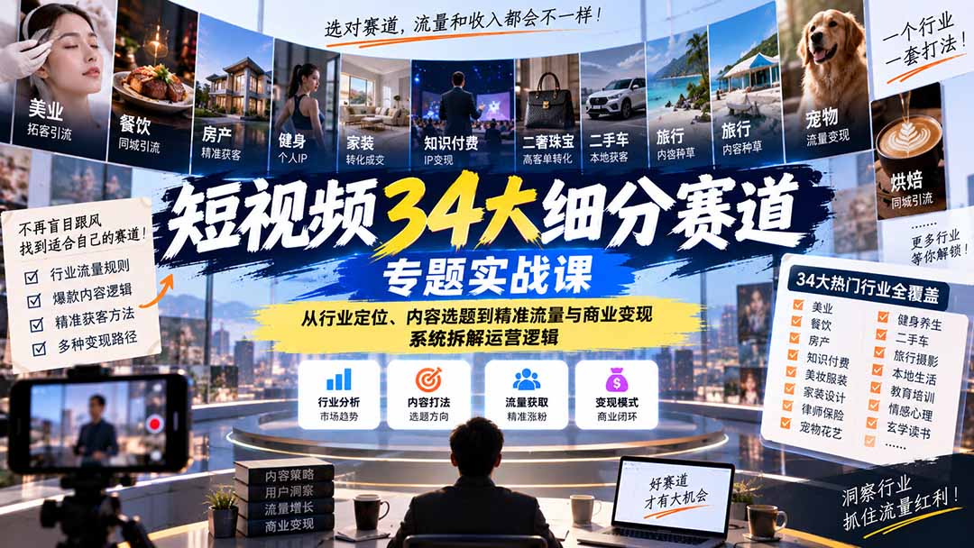 短视频34大细分赛道专题实战课:从行业定位、内容选题到精准流量与商业变现,系统拆解运营逻辑-资源V站
