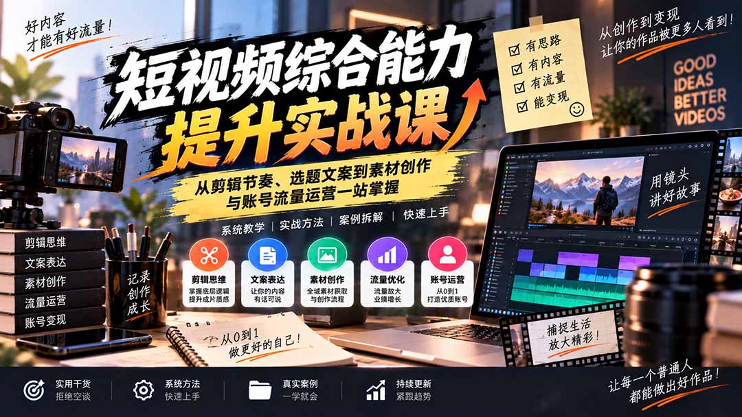 短视频综合能力提升实战课:从剪辑节奏、选题文案到素材创作与账号流量运营一站掌握-资源V站