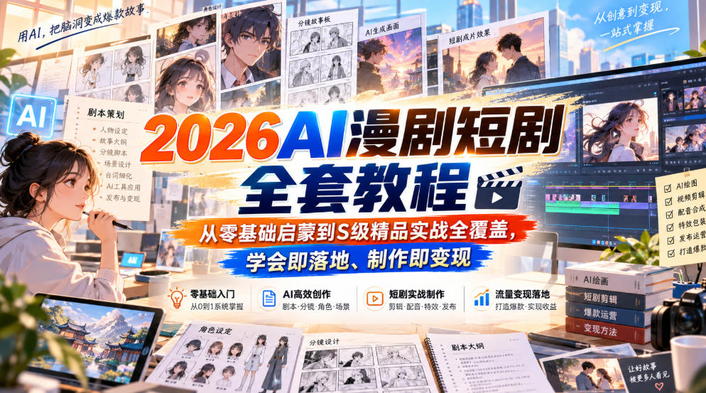 2026AI漫剧短剧全套教程,从零基础启蒙到S级精品实战全覆盖,学会即落地、制作即变现-资源V站