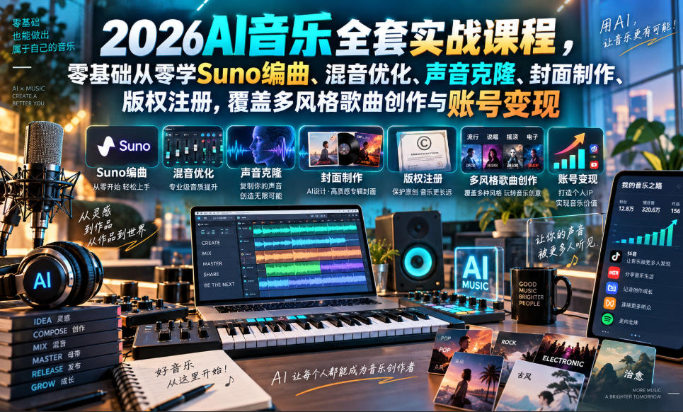2026AI音乐实战课程，零基础从零学Suno编曲、混音优化、声音克隆、版权注册，覆盖多风格歌曲创作与账号变现(更新0924)-资源V站