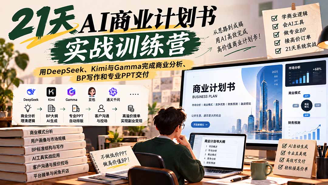 【无水印】21天AI商业计划书实战训练营：用DeepSeek、Kimi与Gamma完成商业分析、BP写作和专业PPT交付-资源V站