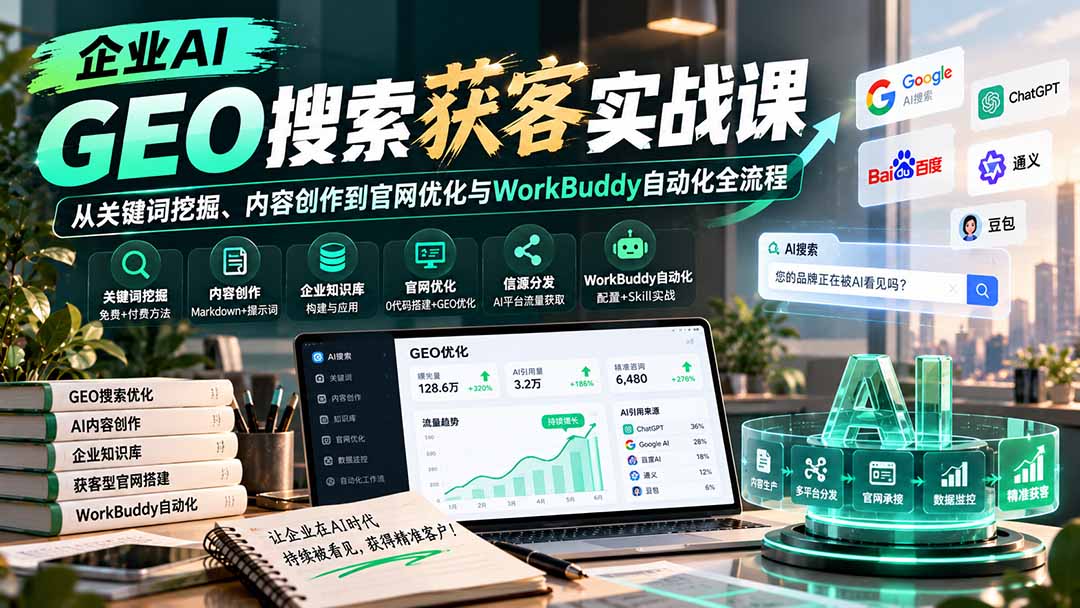 企业AI GEO搜索获客实战课:从关键词挖掘、内容创作到官网优化与WorkBuddy自动化全流程-资源V站