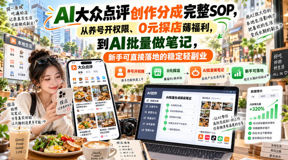 【无水印】AI大众点评创作分成完整SOP，从养号开权限、0元探店薅福利，到AI批量做笔记，新手可直接落地的稳定轻副业-资源V站