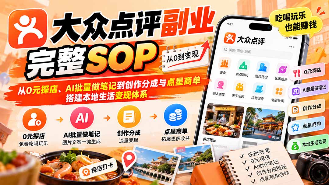 【无水印】大众点评副业完整SOP：从0元探店、AI批量做笔记到创作分成与点星商单，搭建本地生活变现体系-资源V站