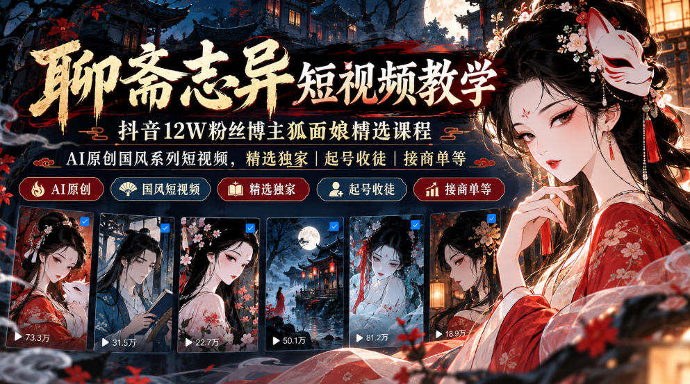 聊斋志异短视频教学，抖音12W粉丝博主狐面娘精选课程，AI原创国风系列短视频，精选独家丨起号收徒丨接商单等-资源V站