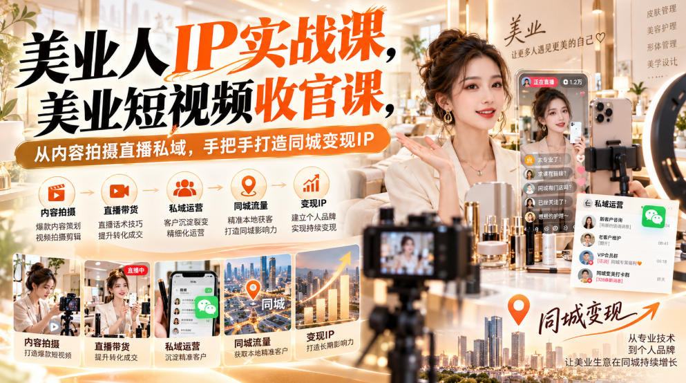 【无水印】美业人IP实战课,美业短视频收官课,从内容拍摄直播私域,手把手打造同城变现IP-资源V站